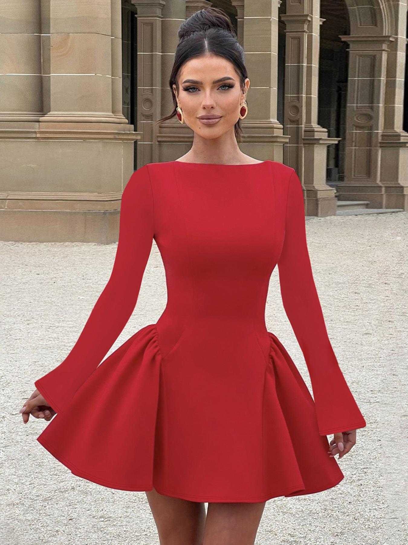Women's Plain Long Sleeve Dress, Elegant Solid Color Back Zipper Party Club Holiday A-line Mini Dresses for Women