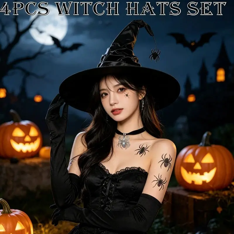 Halloween Witch Costume Set, Witch Hat Gloves Spider Necklace Stickers, 4-Piece Party Cosplay Accessories, Halloween Props