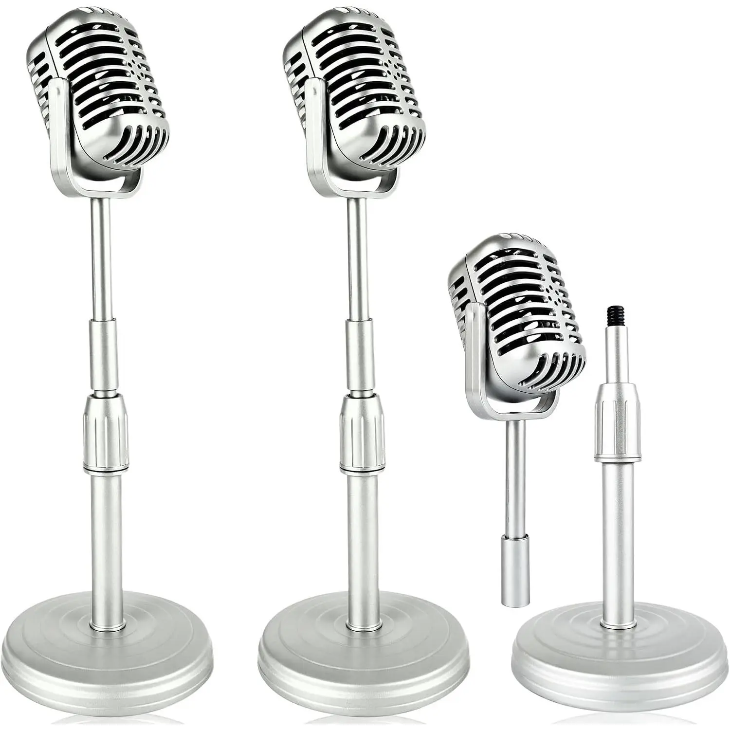 2 Pcs Liftable Vintage Retro Fake Microphone Prop with Stand Plastic Classic Antique Mic Toy for Role Play Party Costume Stage Table Decorations (Silver)