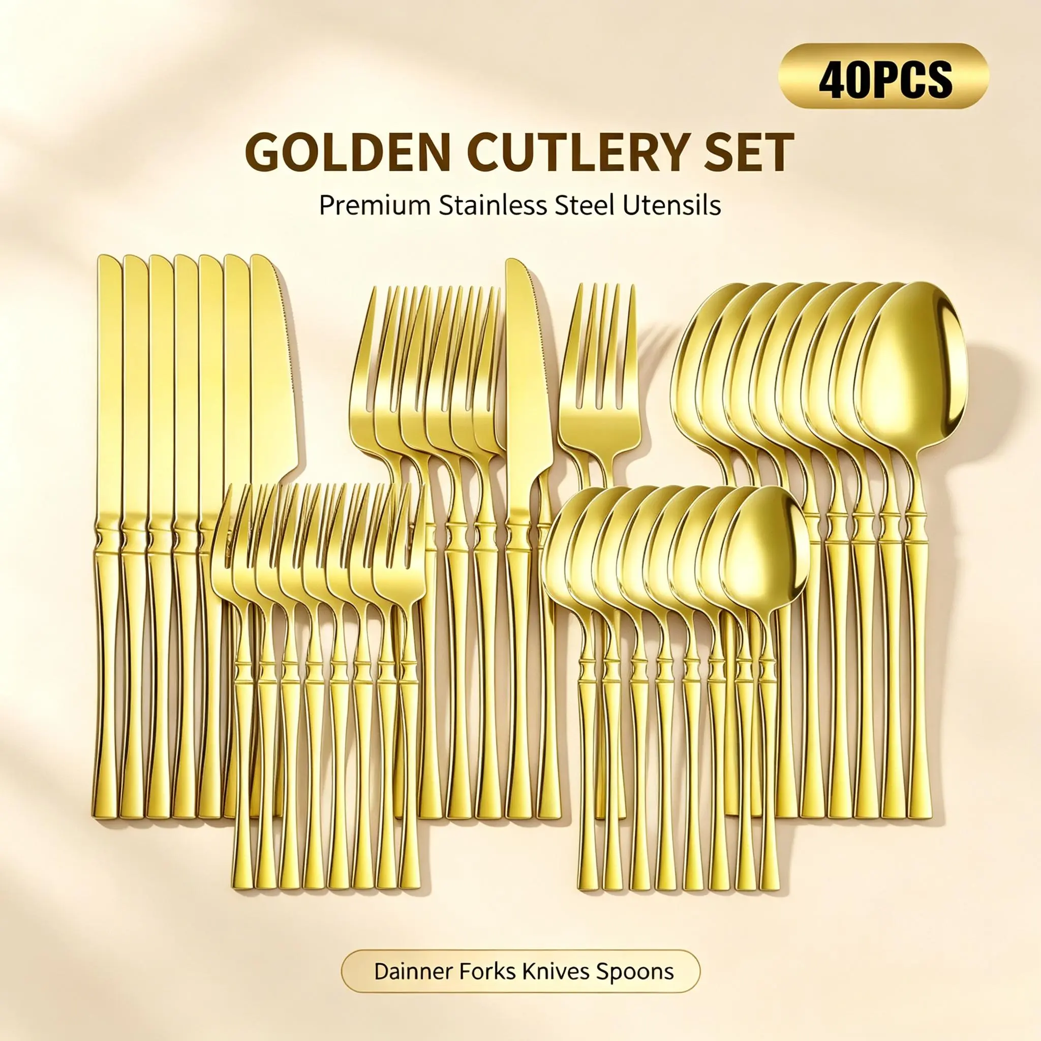 40-Piece Luxury Gold Stainless Steel Silverware Set, Premium Bamboo-Style Handle Cutlery, Mirror-Polished Kitchen Tableware for Weddings & Parties