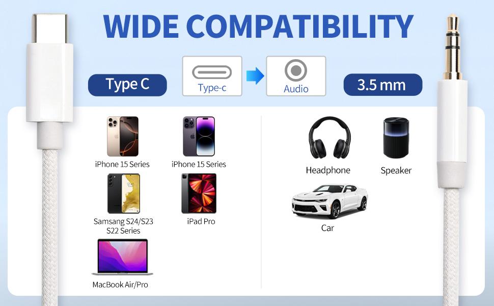 Aux to USB C Cable 6.6 ft, USB C to 3.5mm Audio Aux Jack Cable Type C to 3.5mm Headphone Car Stereo Cord Compatible with iPhone 16 15/15Plus/Pro/Pro Max, Galaxy S24 S23 iPad Pro Air Pixel Aux to USB C Cable 6.6 ft, USB C to 3.5mm Audio Aux Jack Cable Type C to 3.5mm Headphone Car Stereo Cord Compatible with iPhone 16 15/15Plus/Pro/Pro Max, Galaxy S24 S23 iPad Pro Air Pixel