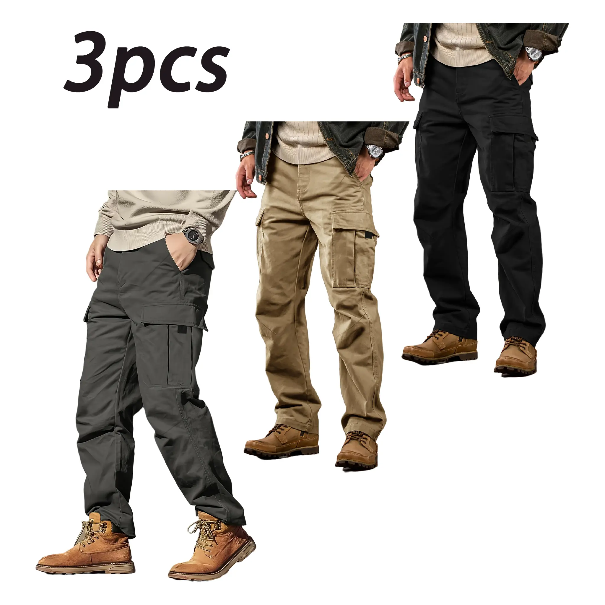 Men’s Heavyweight Polyester Straight-Leg Cargo Pants - Loose Fit, Multiple Pockets, Wear-Resistant Functional Workwear for Outdoor Work, Everyday Casual (All Seasons, Machine Washable)