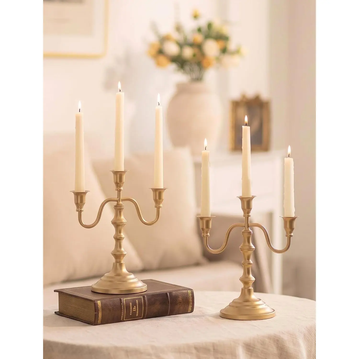 NUPTIO Set of 2 Gold 3-Arm Brass Candelabra Taper Candle Holders, Decorative Candlestick Set for Christmas Party, Fireplace, Table Centerpieces