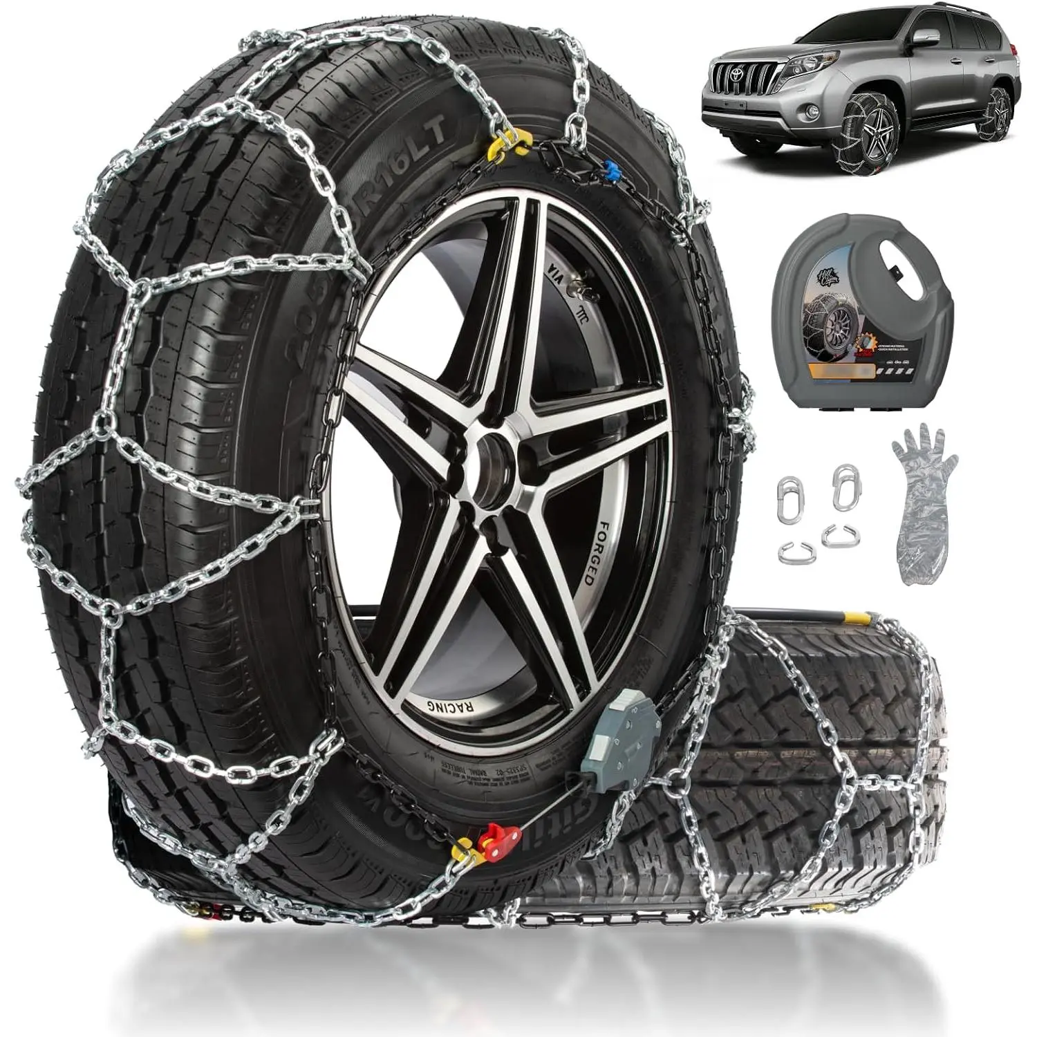 Auto Fixing Snow Chains for Pickup  & SUVs Off-road, Heavy Duty Quick Fit & Easy Installation Snow Tire Chains, Portable   Tire Traction Chain, Set of 2 (HPK-2340)