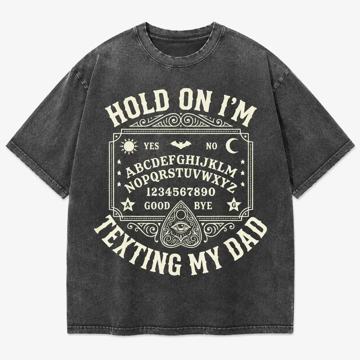 Men's Short-Sleeve Round Neck Vintage Ouija Board Graphic Black T-Shirt - Menswear Tops with Asymmetric Cut, "Hold On I'm Texting My Dad" Funny Slogan, Retro Streetwear Style, Shortsleeve, Ouija Print