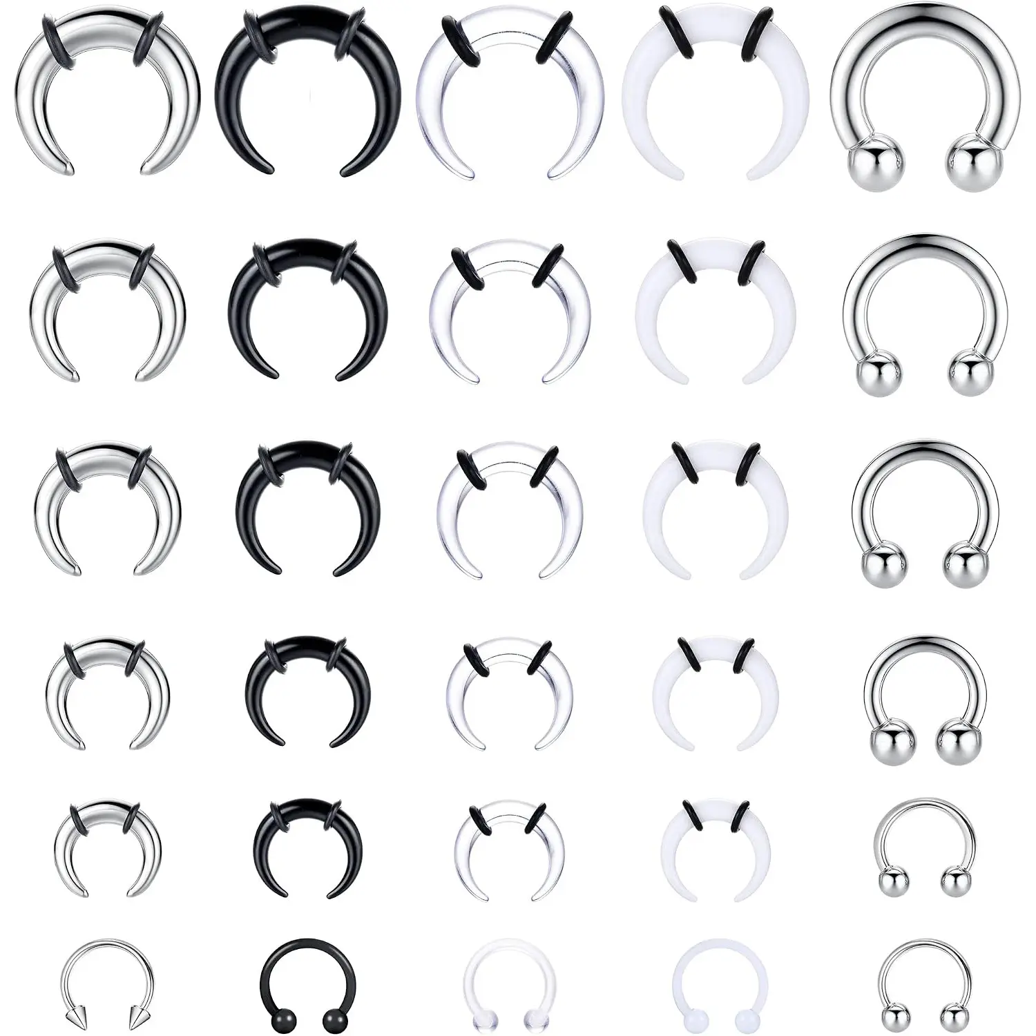 ORAZIO 16G-6G Septum Pincher Tapers Rings Acrylic Stainless Steel Internally Threaded Spike Horseshoe Barbells Septum Pincher Nose Ear Cartilage Stretching Kit for Women Men