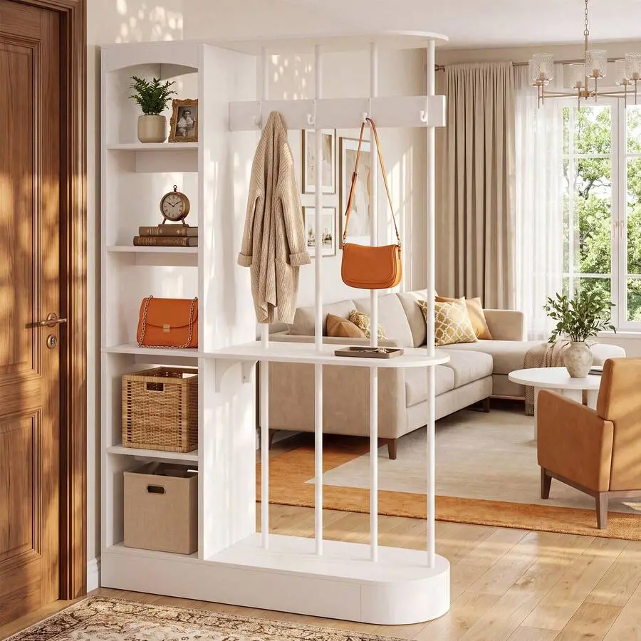 Room Divider With Storage Shelves, 71" Tall White Room Divider, Freestanding Storage Room Divider, Display Shelf For Room Separation, Wood And Metal, Wall Partition For Bedroom, Living Room,cabinet,organizer,,shoe,rack,kitchen,unique,r,mag,home,fur,indoor