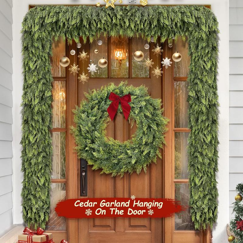 9-Foot Artificial Christmas Cedar Garland, Soft & Thick Faux Pine Foliage, Green Faux Cedar Garland, Festive Holiday Decoration for Fireplace Adornment, Parties and Home Decor, Indoor and Outdoor