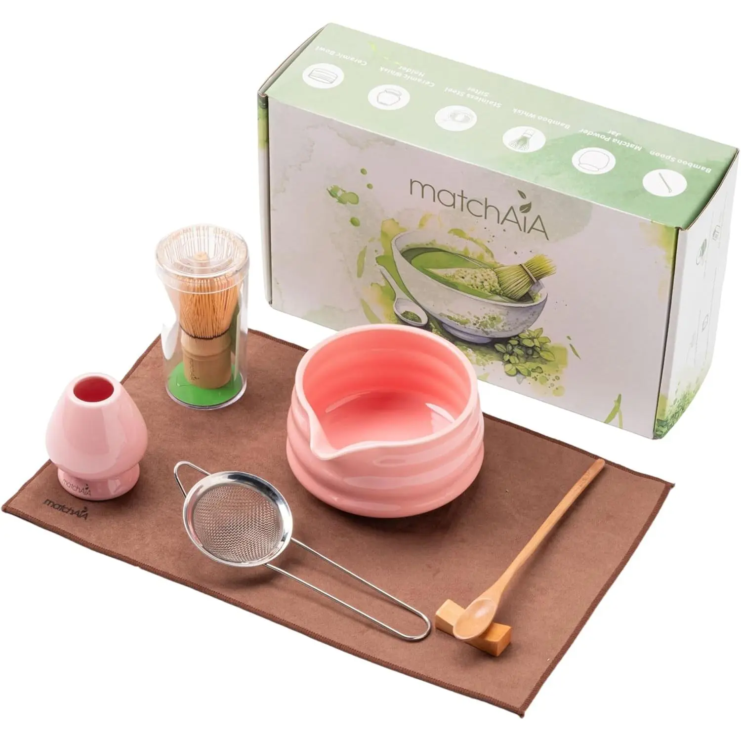 Matcha Whisk Set - Ceramic Bowl, Bamboo Whisk with Holder, Sifter, Schima Spoon, Spoon Rest and Tea Towel - 7 Pcs Complete Kit for Traditional Matcha and Modern Lattes (Pink)