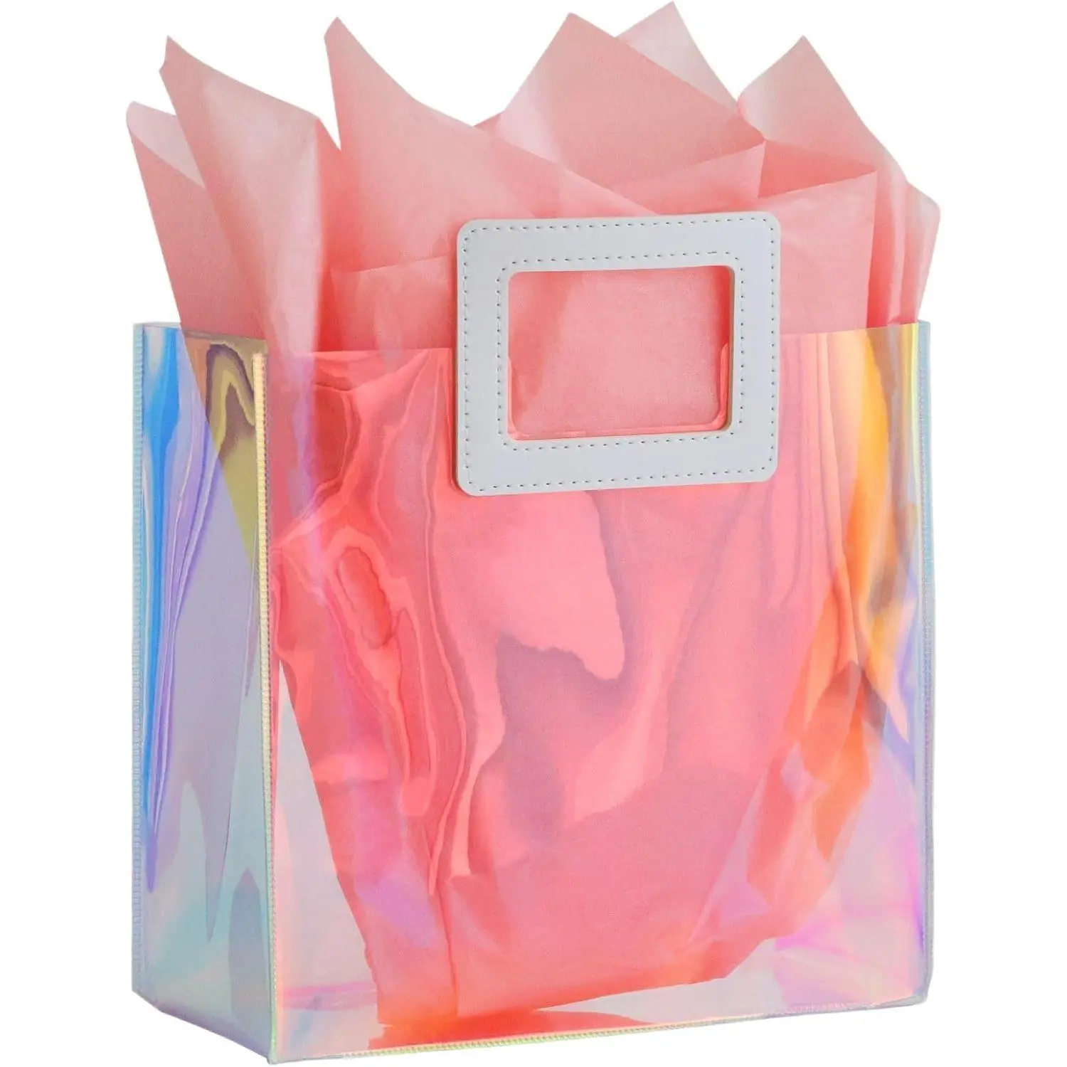 8.3'' Holographic Small  Bag with Tissue Paper(Coral) |  Birthday  Bag for Women Girls Iridescent Bachelorette Wedding Bridal Bridesmaid Tote  Bag