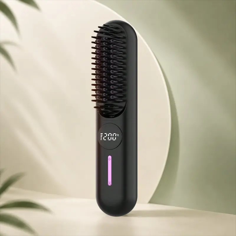 Cordless Hair Straightener Brush, Portable Rechargeable Heated Styling Brush with 7 Temperature Settings, USB-C Hair Smoother for Fine to Medium Hair, Travel Hair Styling Tool