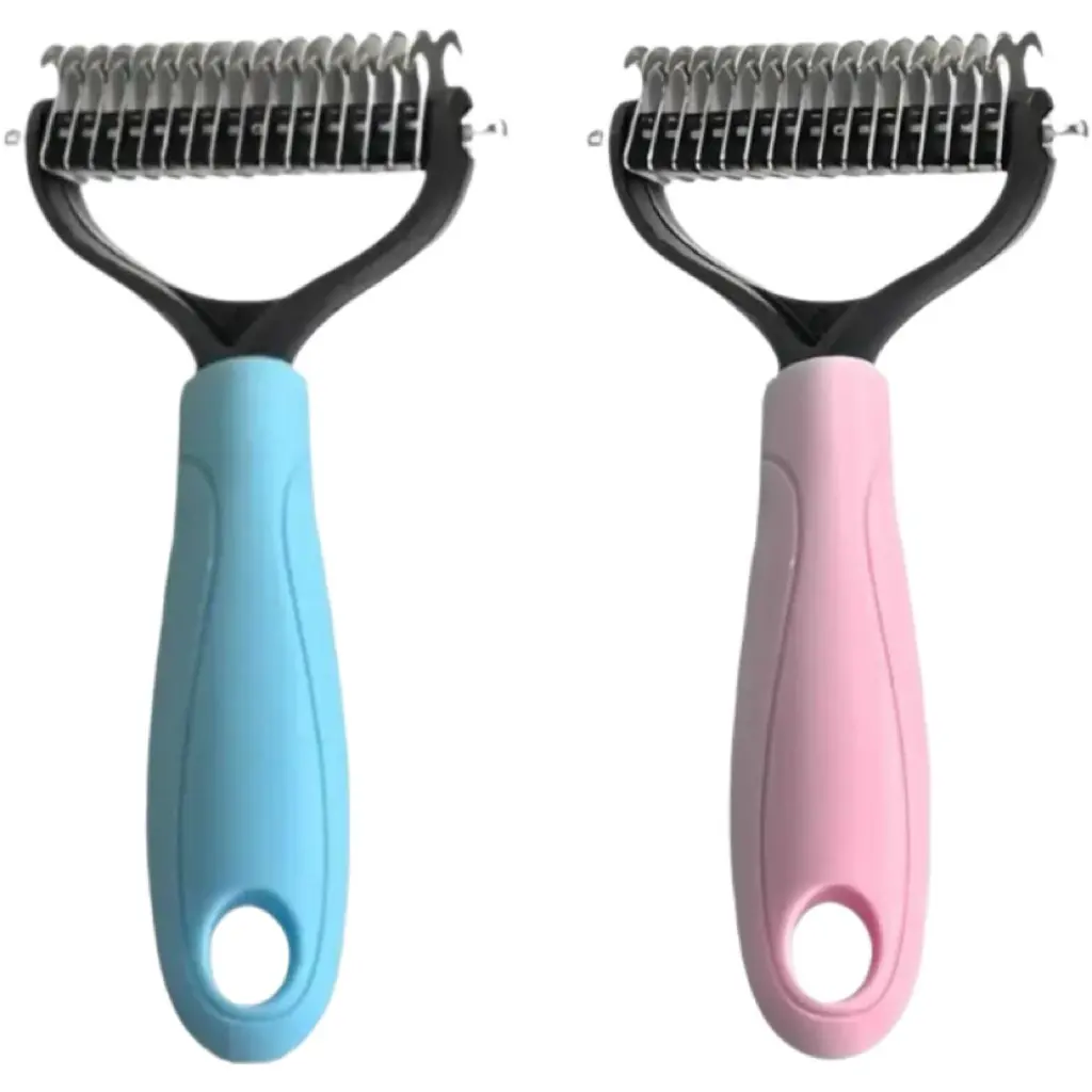 2Pcs Professional Pet Dematting Rake for Dogs & Cats, 2-Sided Undercoat Deshedding & Grooming Tool (Blue & Pink)