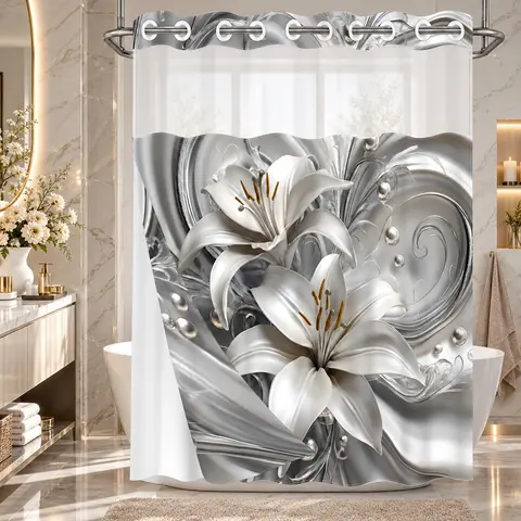 1 Piece No Hook Double Layer Shower Curtain, Aesthetic shower curtain, Silver Lily Print Bath Curtain, Waterproof, Mildew Resistant, Durable Fabric, Home Decor, Removable Liner, Top See-Through Window, 71"×74