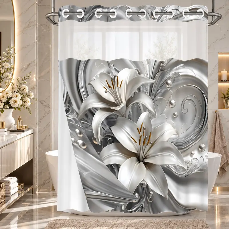 1 Piece No Hook Double Layer Shower Curtain, Aesthetic shower curtain, Silver Lily Print Bath Curtain, Waterproof, Mildew Resistant, Durable Fabric, Home Decor, Removable Liner, Top See-Through Window, 71"×74