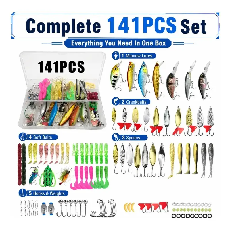 Fishing Lures Tackle Kit, Hard and Soft Baits, Includes Storage, Essential Gear for Anglers, Complete Fishing Supplies, Fishing Lure Set