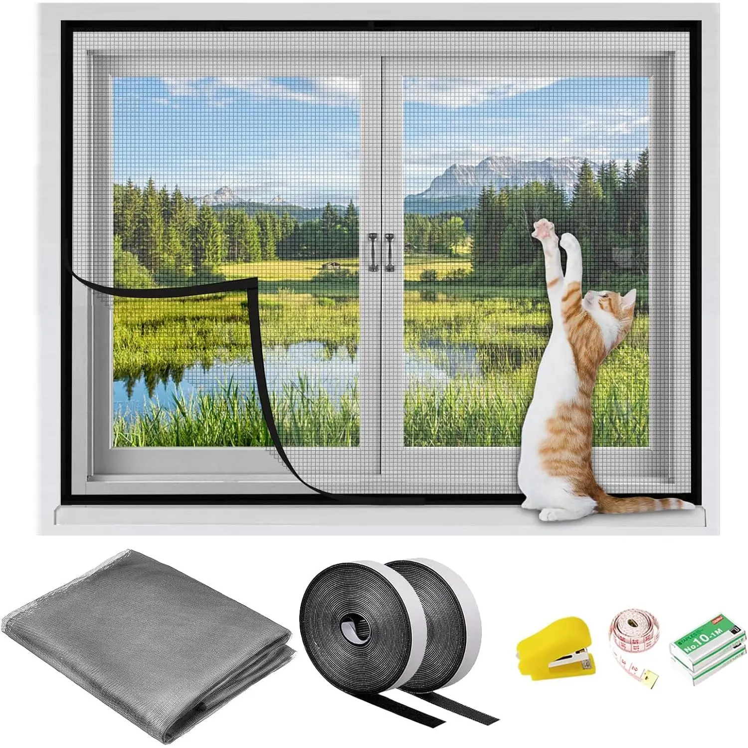 DIY Self-Install Fiberglass Window Screen (36x55 in, Grey, 1 Set) - Removable Mesh Netting with Hook-Loop Tape, Hardware for Bug Protection, Anti-Pet Scratch & Fits Most Windows