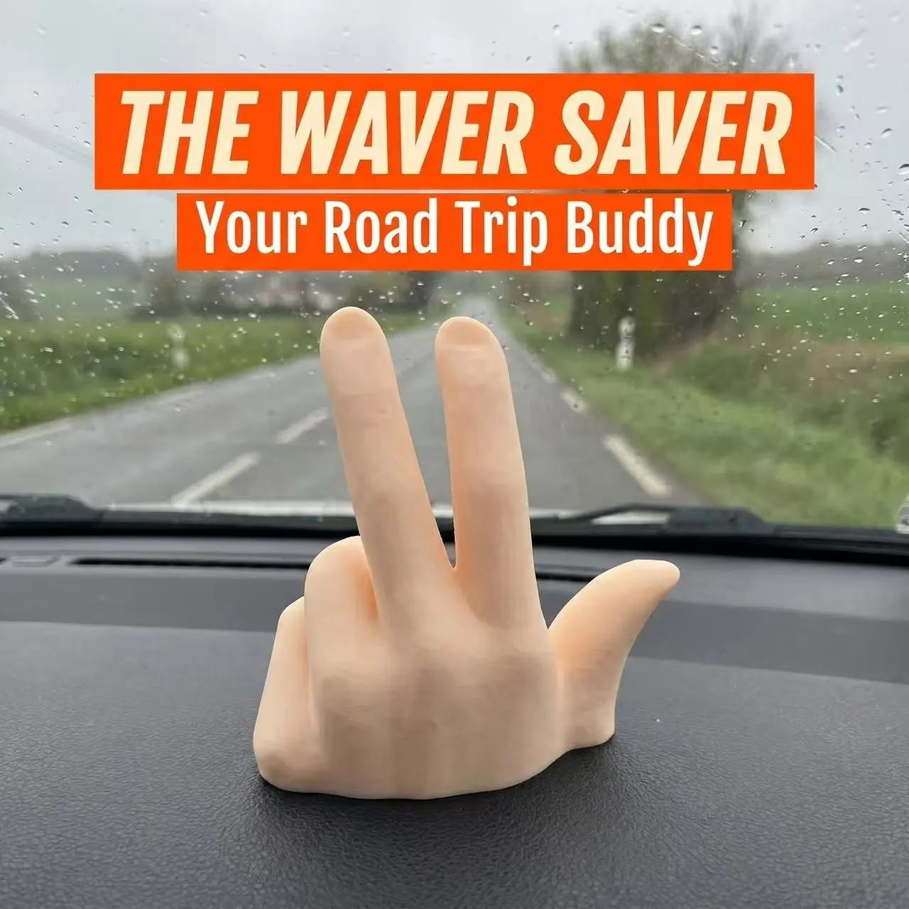 Funny Hand Gesture Car Dashboard Ornament, Desk or Car Interior Fun Doll Decor, Extends V Sign From Steering Wheel Above