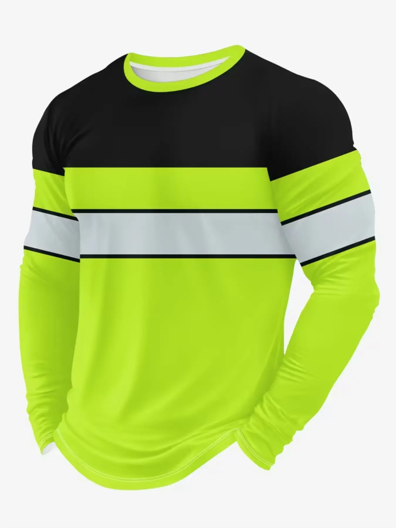 Men's 3D Color Block Striped Print Round Neck Long Sleeve T-Shirt, Fashionable and Comfortable, Casual Streetwear for Daily Wear