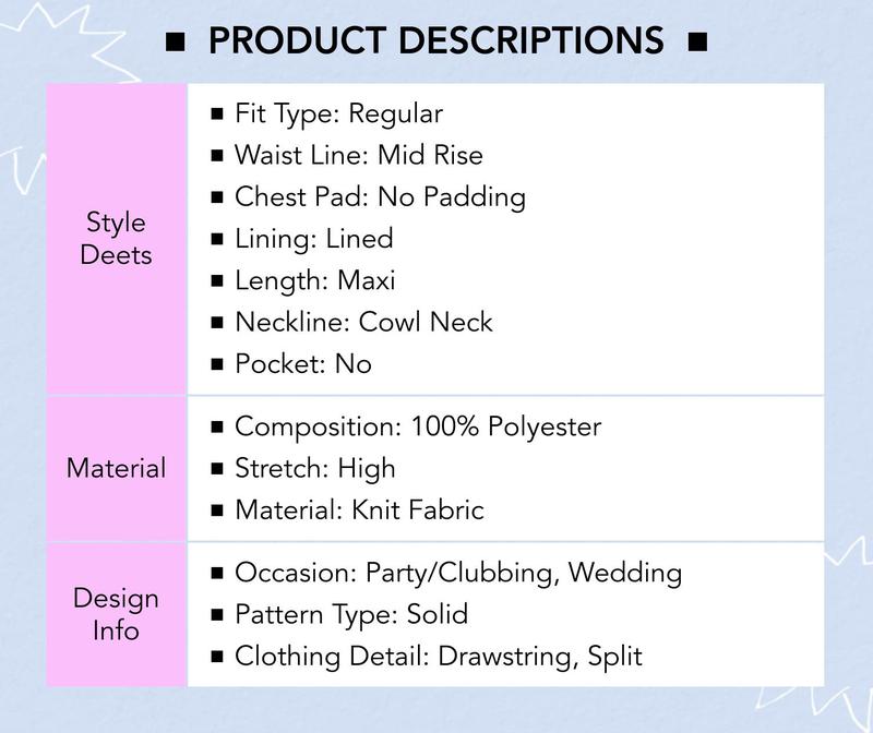 Cider [2 colors, size 0-26] Cowl Neck Solid Glitter Drawstring Maxi Dress