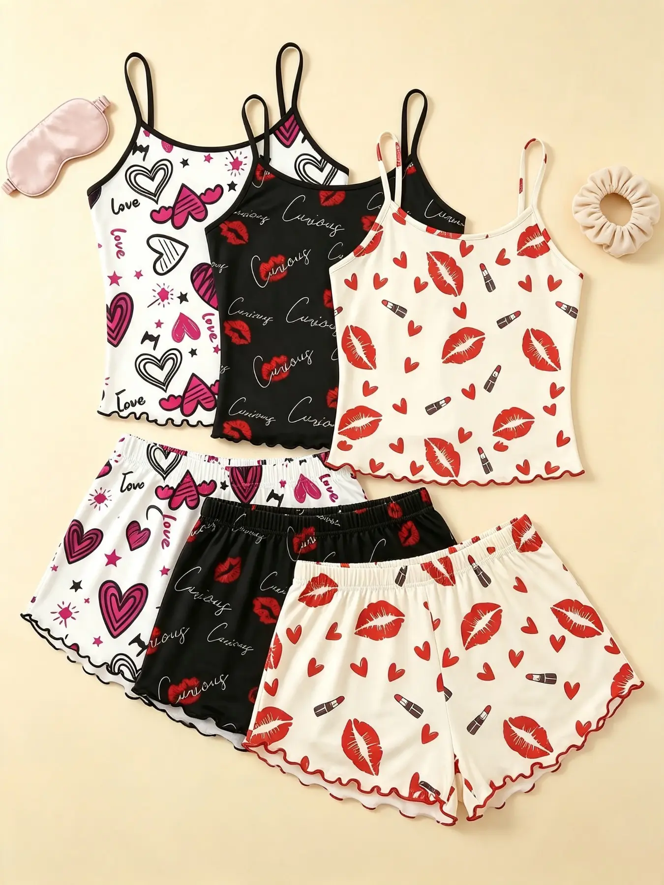 Women's Boho 3-Piece Pajama Set, Sleeveless Loose-Fit, Contrast Binding, Soft Polyester, Summer Sleepwear, Casual Home