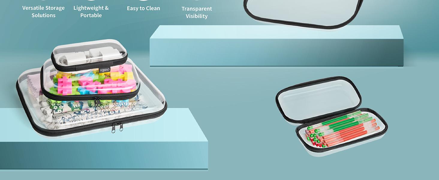 Clear Hard Shell Zipper Case 3 Pack, Hard Plastic Bag, Clear Travel Toiletry Pouch,Portable Cosmetic Bag with Zipper,Toy Storage Bins, Pencil Storage Organizer, Office Supplies Storage Case