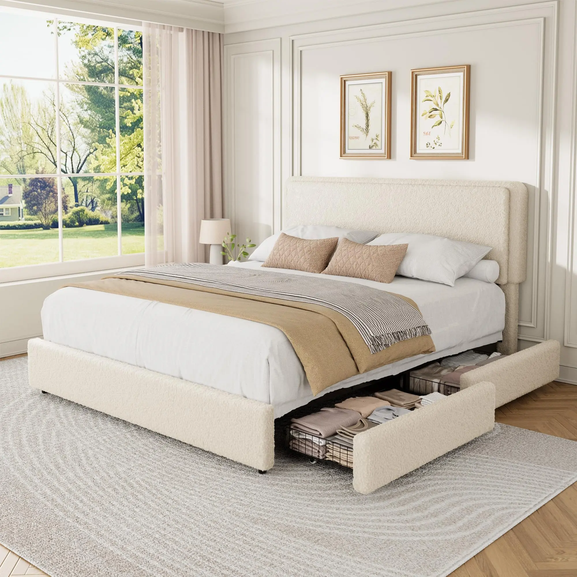 IdealHouse Cozy Soft Fleece Upholstered Bed Frame - Contemporary Platform Base with Adjustable Cloud Headboard, 2 Built-in Drawers, Thick Boucle Fabric, Easy Assembly, No Box Spring Needed, Queen/Twin Bedroom Furniture, Assembly Required