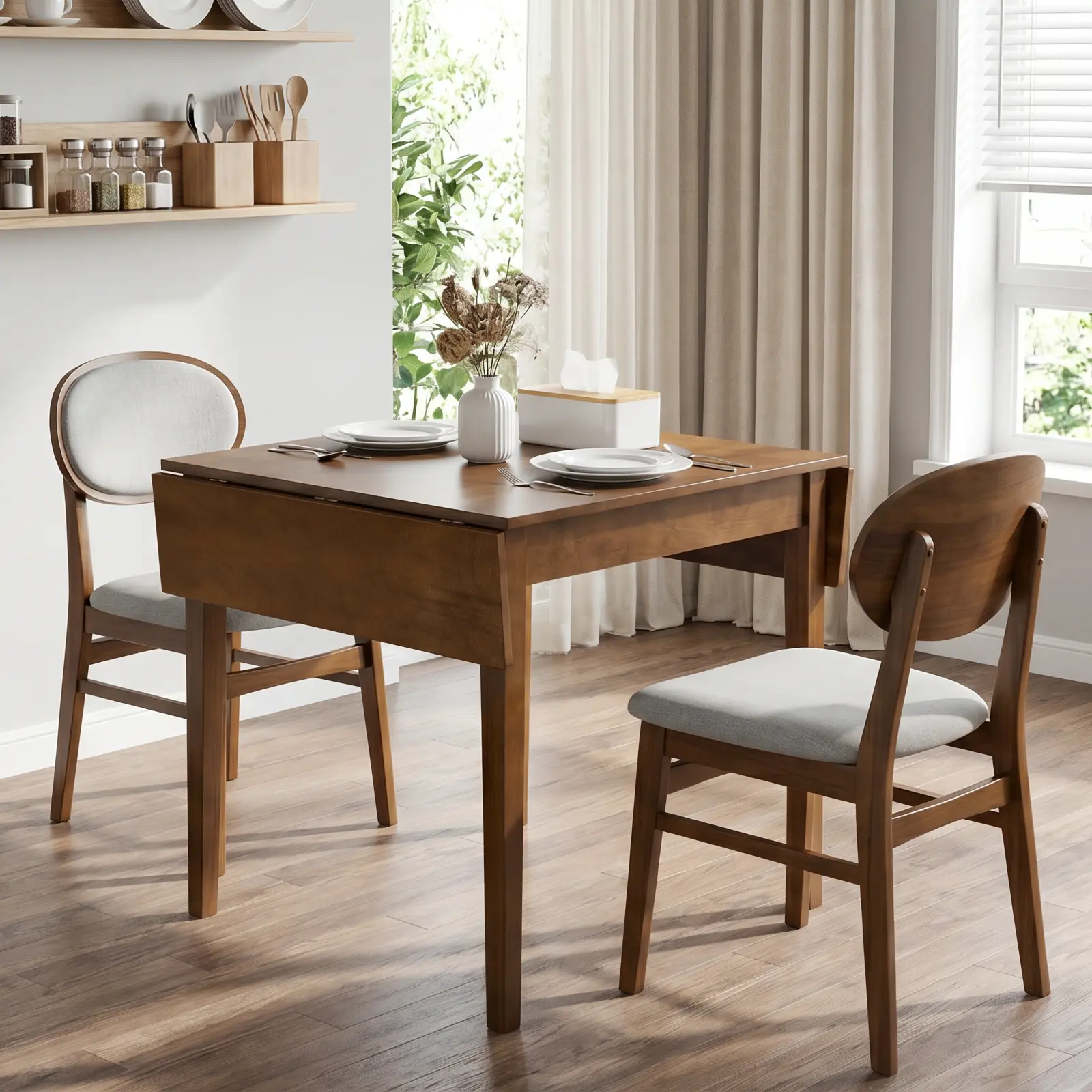 ARCH Extendable Dining Table with Drop Leaf Fold & Extendable Setup, 31.5-47.2in Space Saving Furniture for 4, Solid Wood Wooden Base Legs, Walnut Finish MDF with Birch Veneer, for Small Dining Room Living Room, Solid Wood Legs
