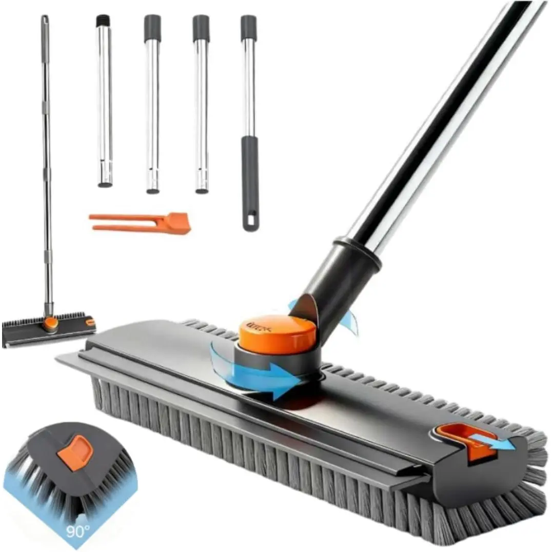 Heavy Duty 3-in-1 Rotatable Floor Scrub Brush - Adjustable Stainless Steel Long Handle, 360° Scrubbing Bristles, Multi-Surface Floor Clean Tool with Silicone Glass Squeegee for Tile, Concrete, Bathroom Home Supplies