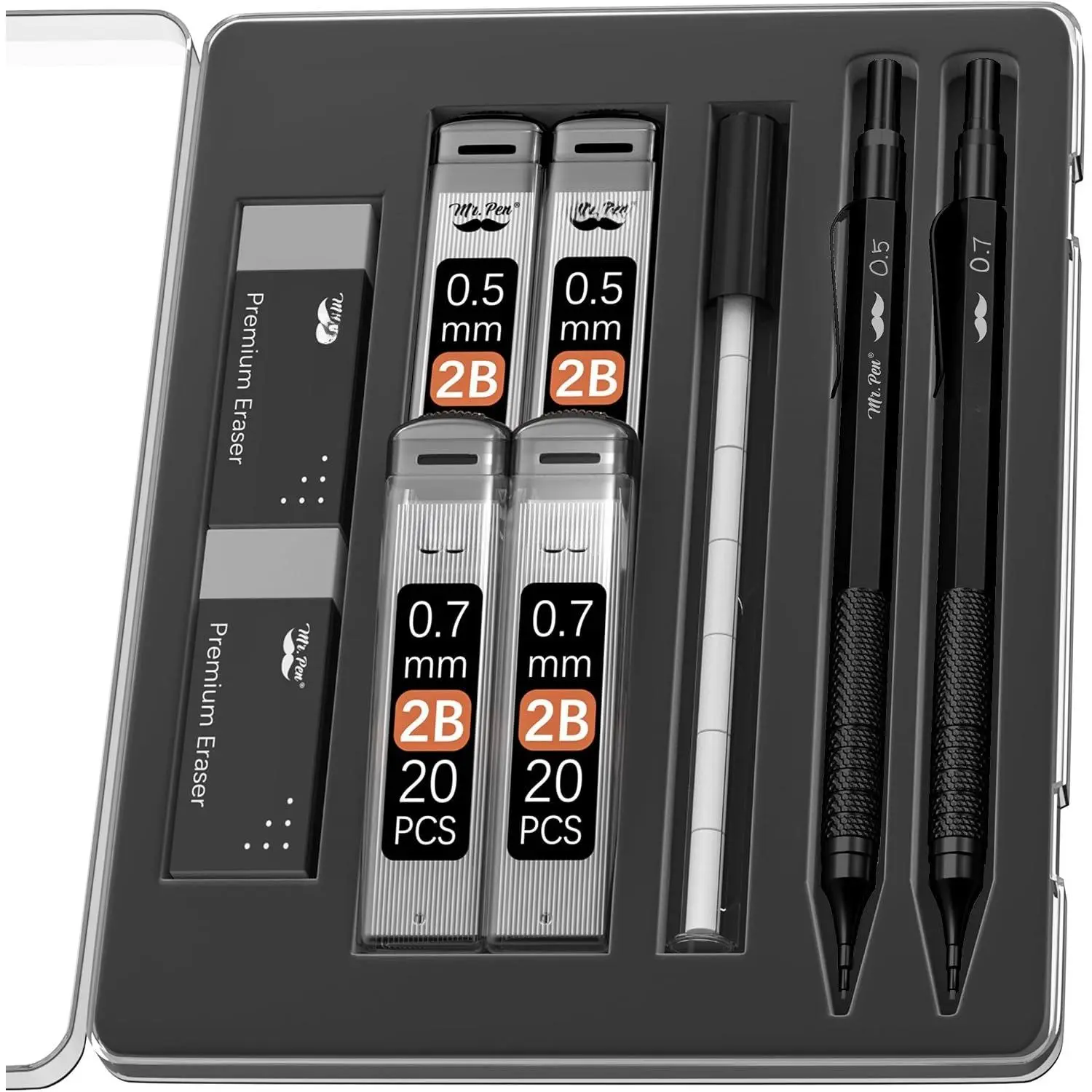 Durable Metal Mechanical Pencil Set, 2-Pack (0.5 & 0.7mm Sizes) with 80-Count 2B Lead Refills (4 Tubes), 2 Erasers, Comfortable Grip for School Supplies, Drawing, Fathers Day Gifts for Artists