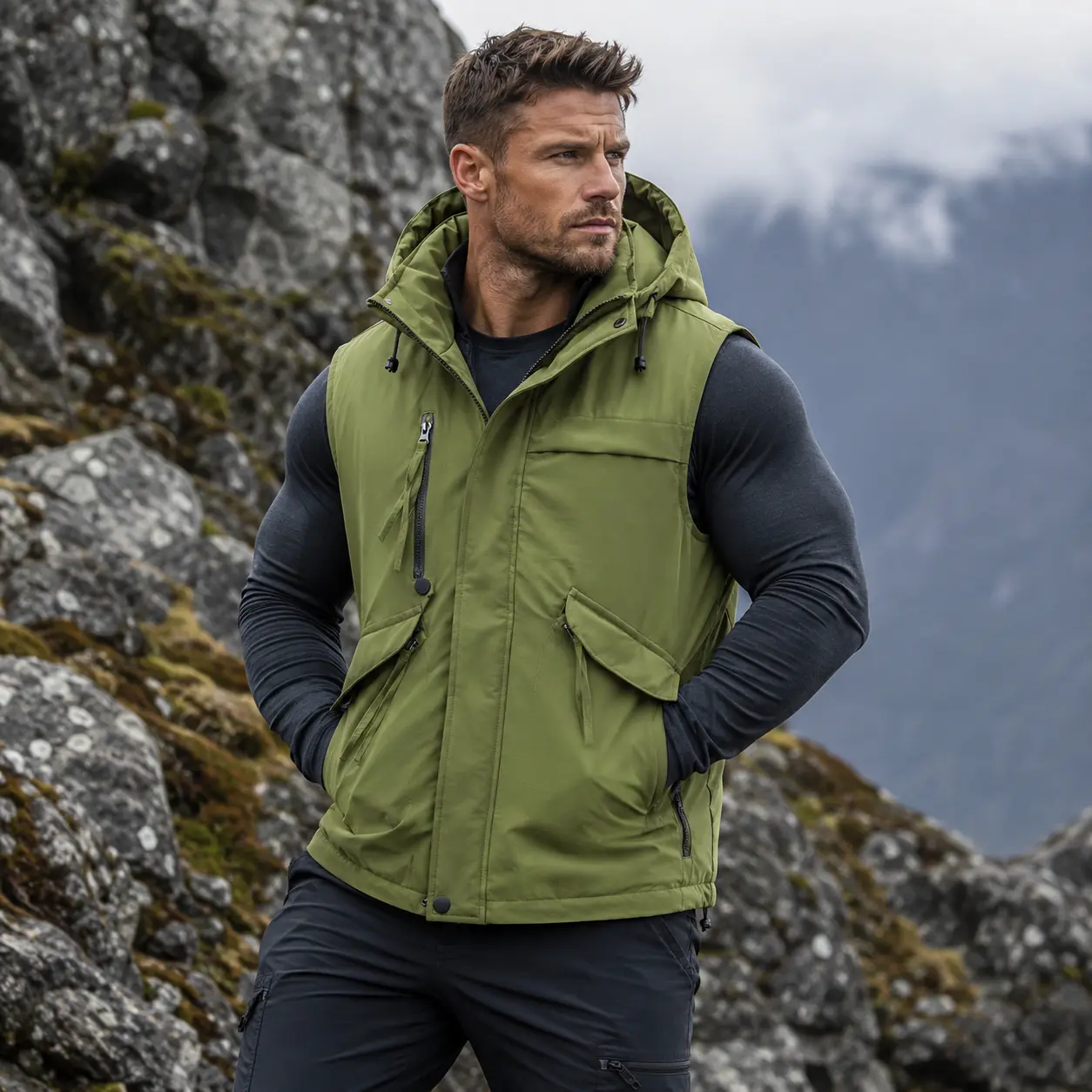 Men's Stylish Techwear Puffer Vest, Hooded Polyester Sleeveless Jacket with Cargo Pockets, Quilted Insulated Winter Outerwear, Casual, Menswear, Machine Wash
