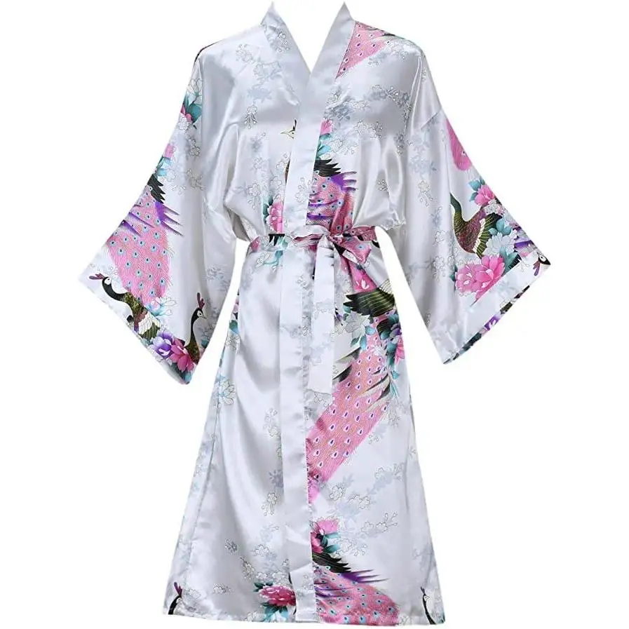 Silk Satin Wedding Bride Bridesmaid Robe Floral Bathrobe Short Kimono Robe Night Robe Bath Robe Fashion Dressing Gown For Women