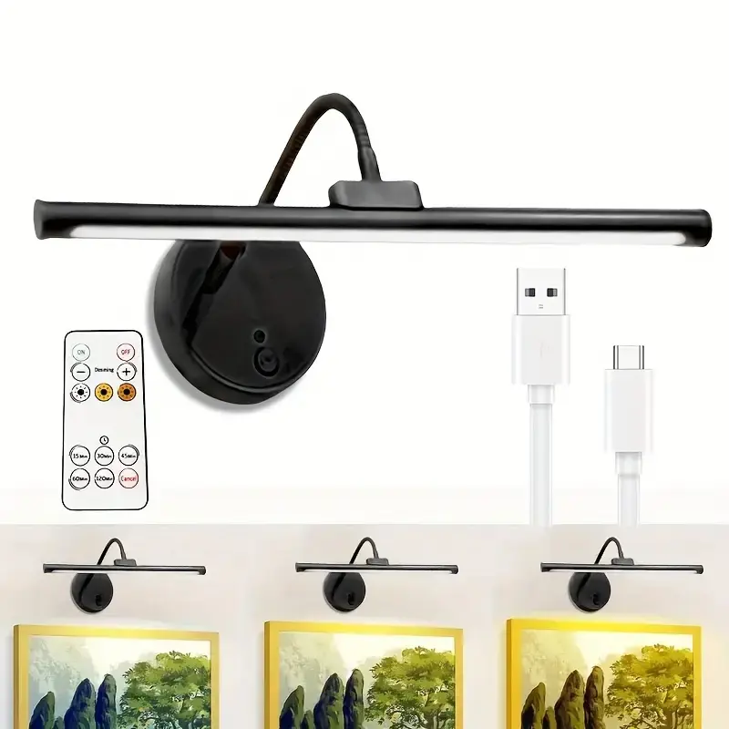 Remote-Controlled Dimmable Picture Light, USB Rechargeable Wall Lamp, Adjustable Brightness and Timer Metal Art Light, Home Decor Light for Displaying Artwork on Walls and in Galleries, Adjustable Lighting, Electronic Lights