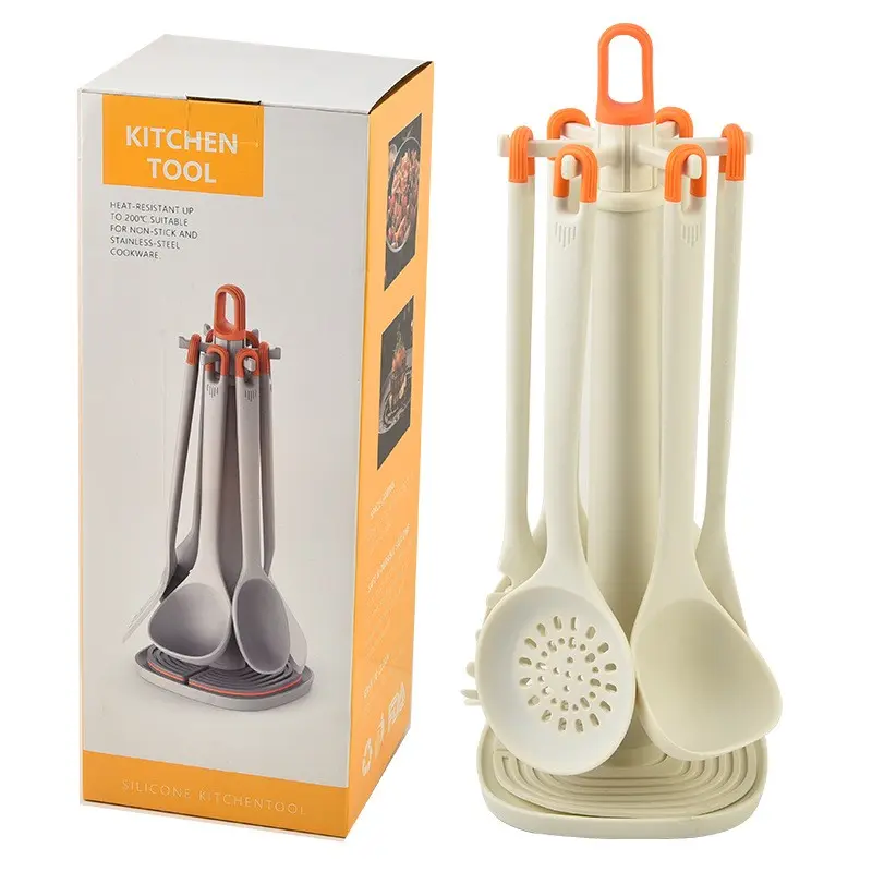 7-Piece Silicone Kitchen Utensil Set, Includes Soup Spoon, Strainer Spoon, Pasta Spoon, Rice Spoon, Ladle, Storage Rack, Durable & Non-Toxic