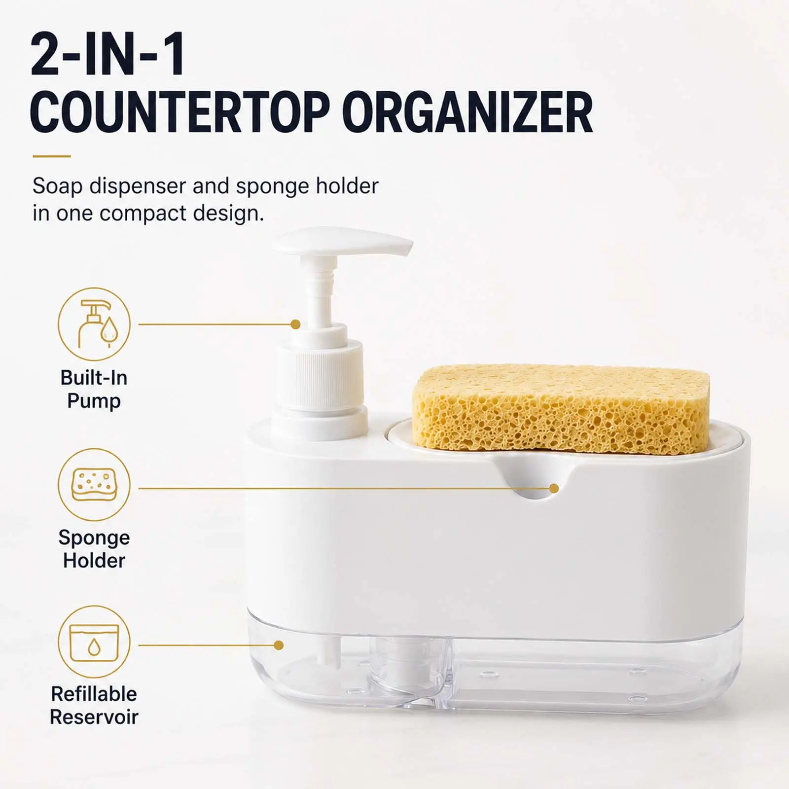 2 in 1 Soap Dispenser with Sponge Holder, Kitchen Sink Organizer, Dish Soap Pump Bottle, Double Layer Cleaning Tool for Kitchen Countertop, Liquid Soap Dispenser and Sponge Storage Rack