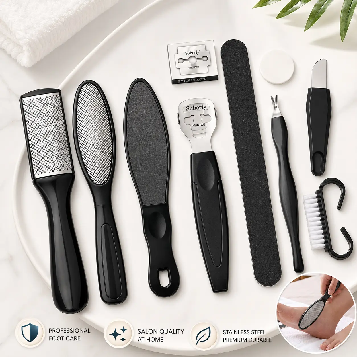 10-Piece Pedicure Tool Set, Stainless Steel Foot File & Callus Remover Kit for Dead Skin, Cracked Heels, Nail Care & Home Salon Use,sticky,practical,rosa,cute,massive