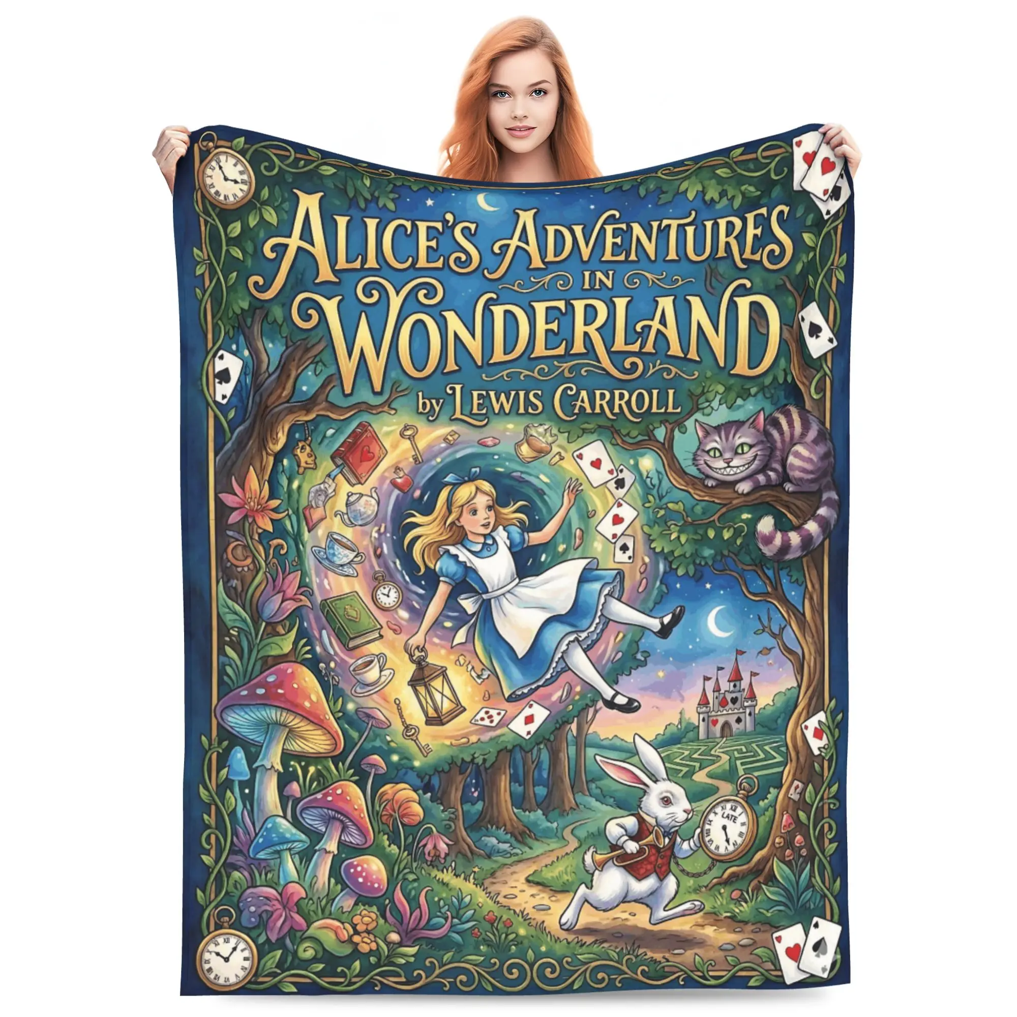 DISNEY CLASSIC Alice's Adventures in Wonderland Vintage Flannel Blanket. Falling Alice, Cheshire Cat, White Rabbit, clock, cards, mushroom, floral border. Soft cozy throw for sofa bed, gift for fairytale lovers., Room Decor, Home, House Decor