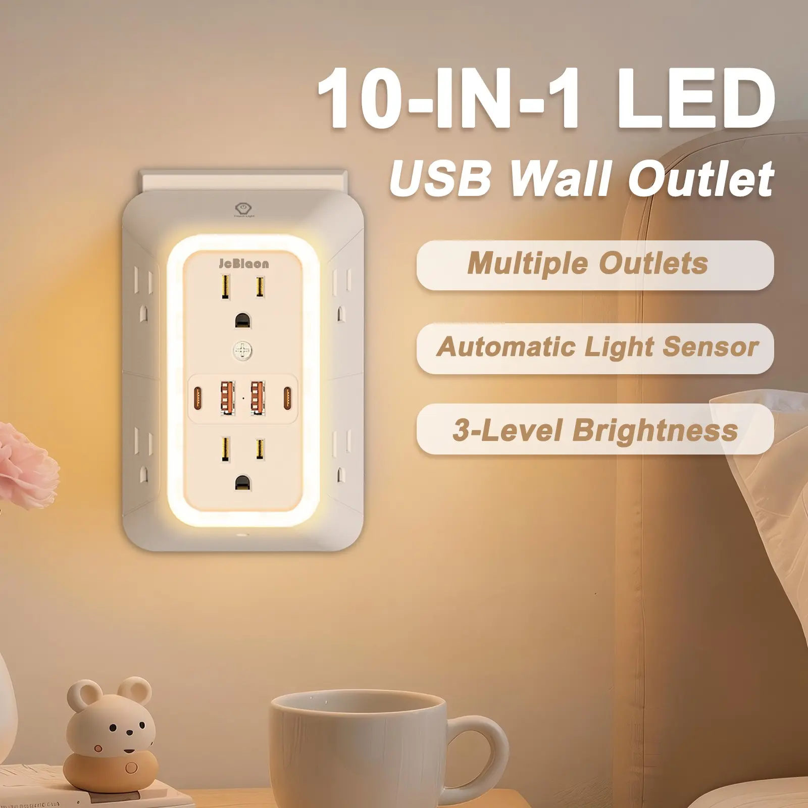 2026 NEW LAJCAEN 10-In-1 Multiple Outlet, Outlet Extension Wall Outlet Extender USB Power Outlet, Wall Charger Surge Protector With Night Light, 6 AC Outlets With 4 USB Ports (2A 2C), 1050J for Home, Travel