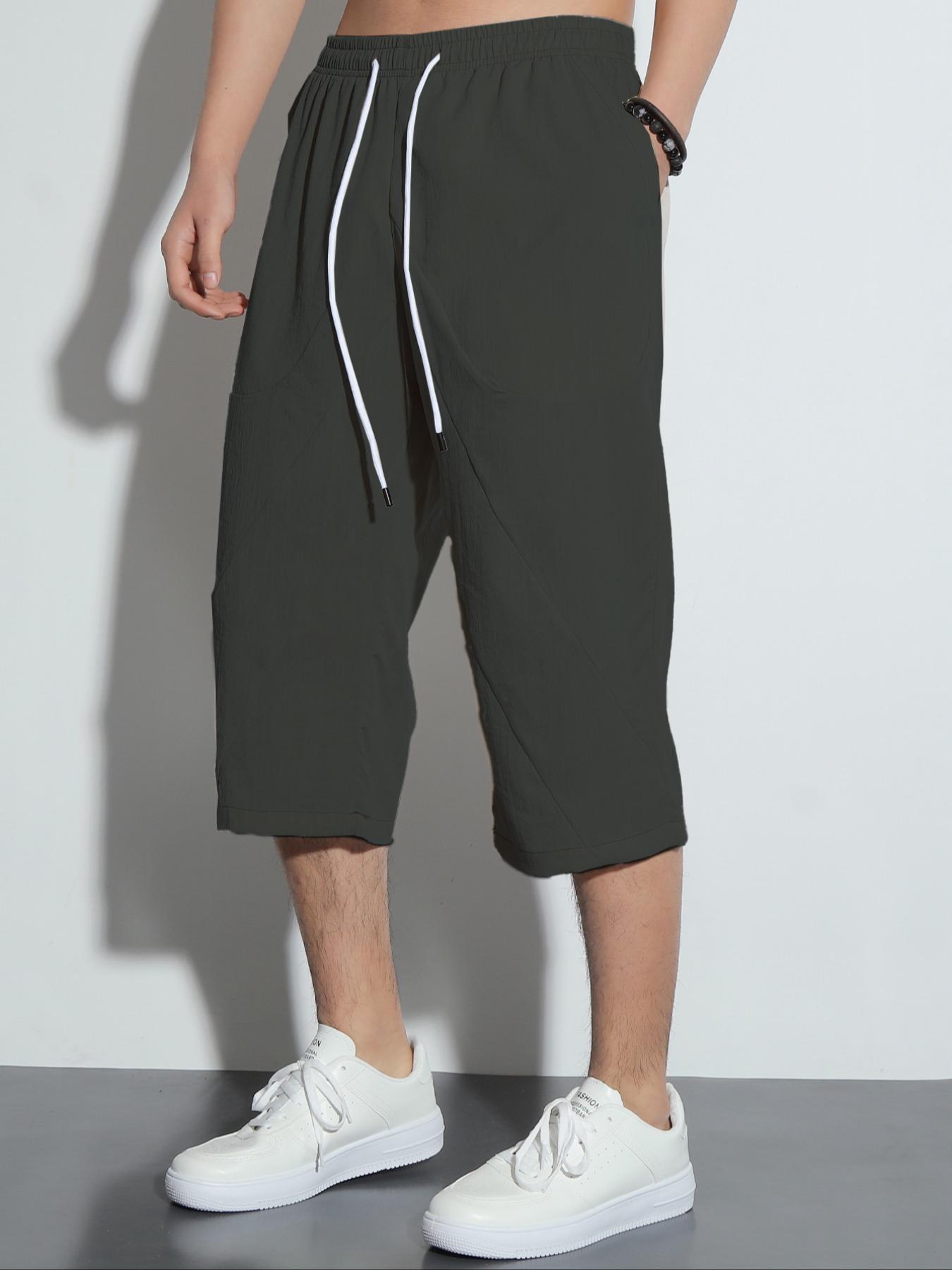 Men's Solid Color Drawstring Waist Capris Pants, Casual Lounge Pants, Regular Fit Casual Comfortable  Breathable Pocket Capri Pants for Summer, Fashion Men's Bottoms for Daily Wear