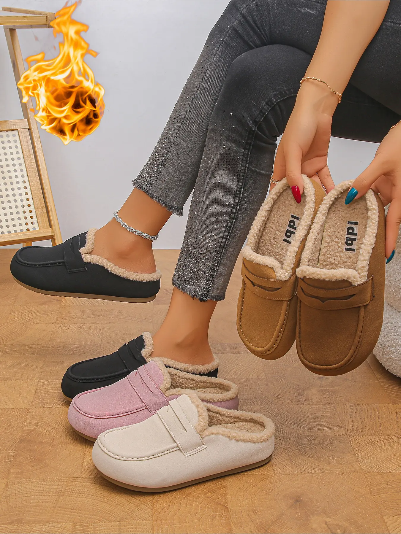Women Faux Suede Fleece Lined Loafer Mule Slippers Closed Toe Backless Slip On Fuzzy Fur Trim Collar Flat Sole Warm Winter Casual Indoor Outdoor Daily Footwear For Ladies Multiple Colors