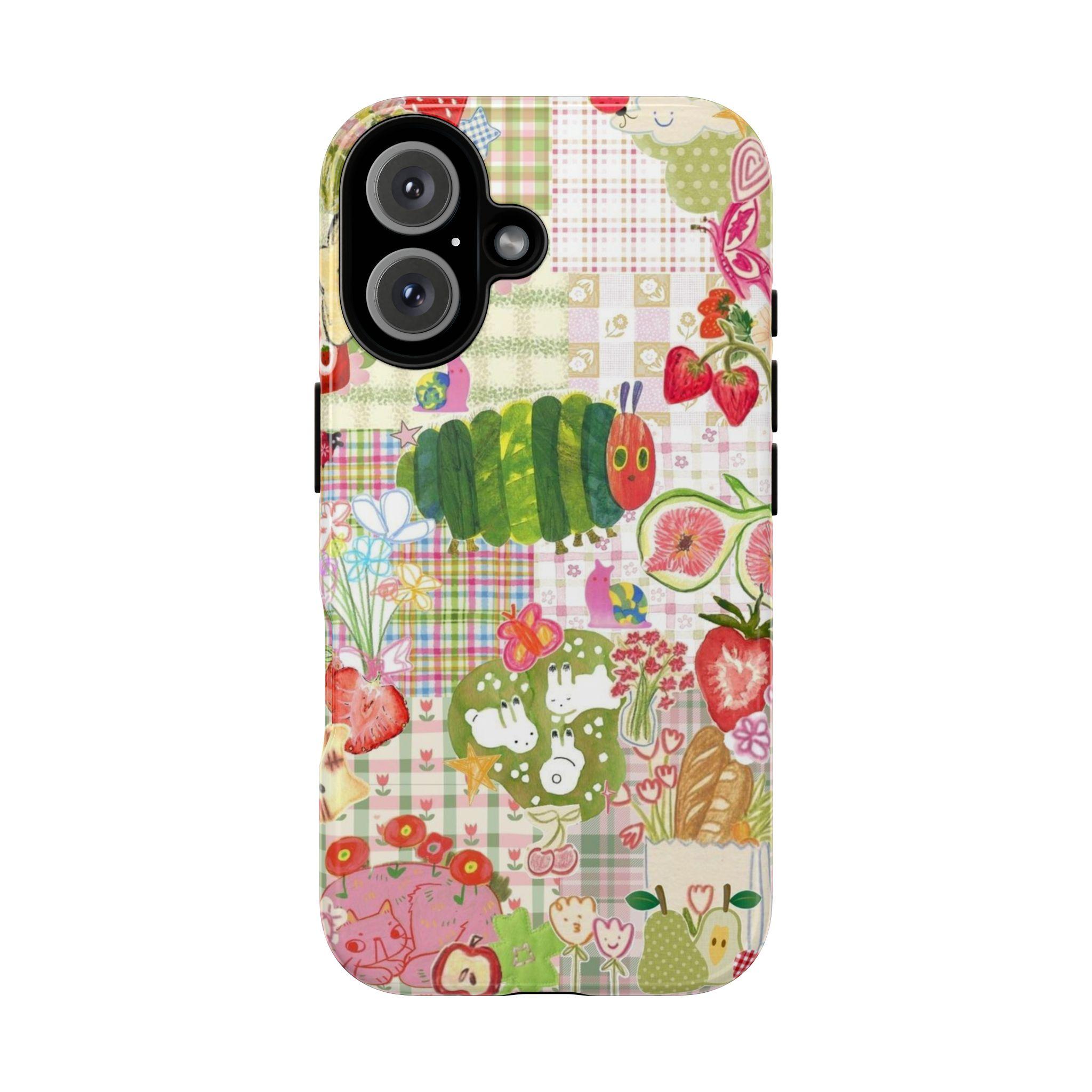 Cute Green Gingham Tough Phone 17 Pro Max Plus Air/16/15/14/13/12/11Case – Patchwork Caterpillar Ladybug Strawberry Aesthetic Protective Cover for Phone