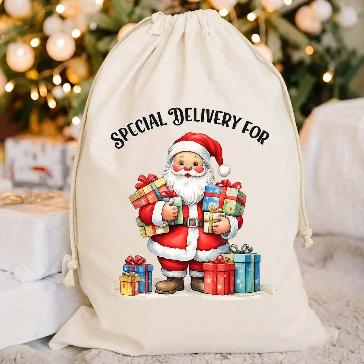 Christmas Santa Sack Drawstring Gift Bag, 30 X 40 Cm Large Present Bag, Reusable Holiday Packaging, Special Delivery Santa Design
