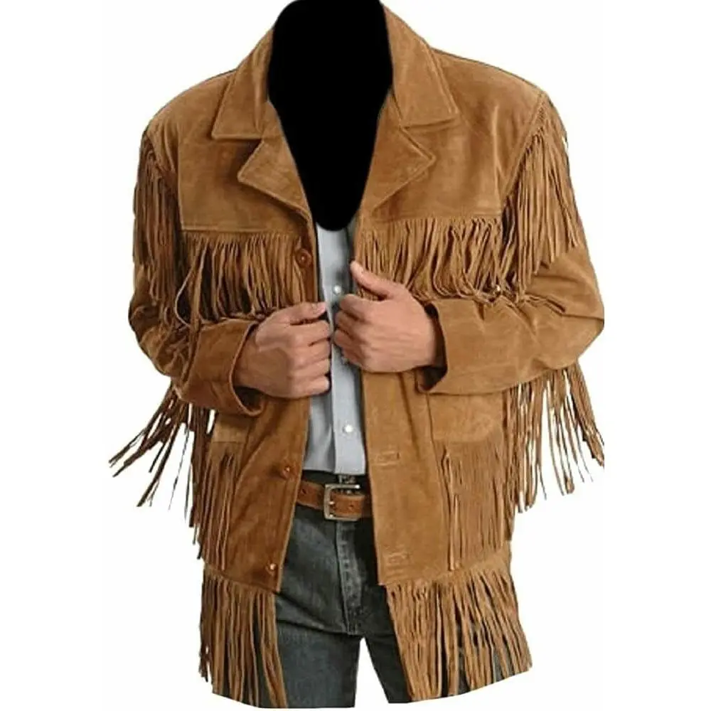 Traditional Western Cowboy Jackets for Men| Native American Suede leather Overcoat with Fringes - Brown