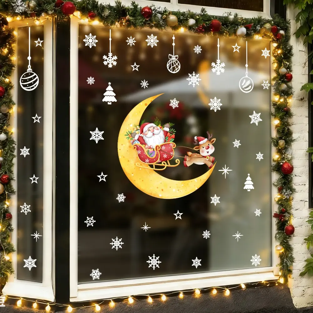 1Pc (30*60cm) Santa & Reindeer Sleigh On Crescent Moon Static Window Cling With Snowflakes, Glue-Free Christmas Window Glass Decoration Decal