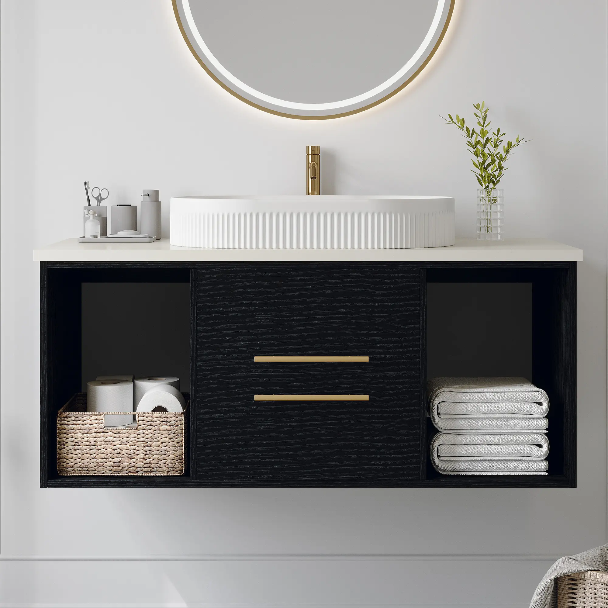 ARCH 39.4-Inch Wall-Mounted Floating Bathroom Vanity Cabinet with Oval Sink, Multi-Layer Solid Wood, Soft-Close Drawers, Open Shelf, Moisture-Resistant, Modern Contemporary Design, Multiple Colors, Small Bathroom Storage, Wall Cabinet, Floating Mount, Moi