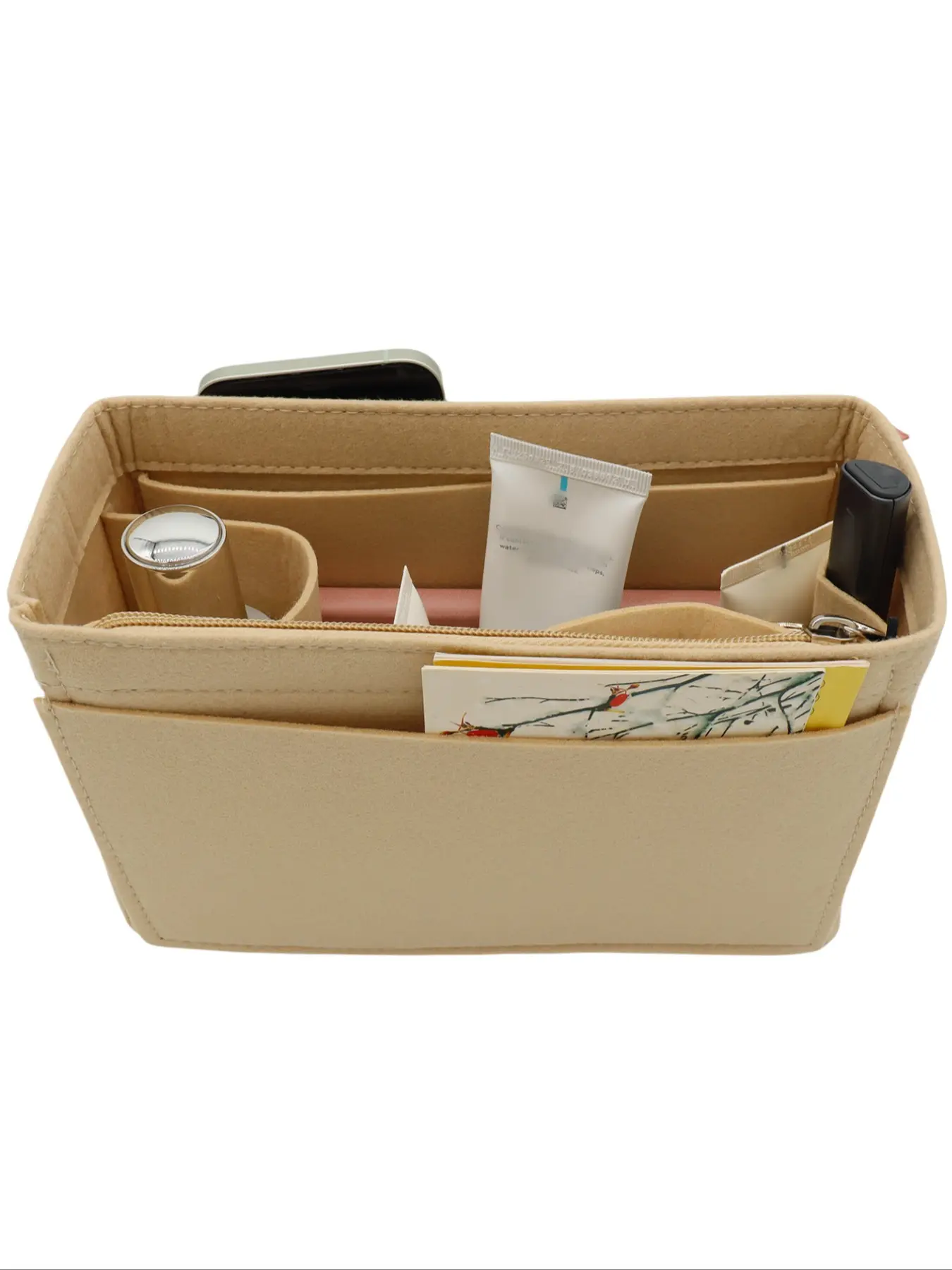 Felt Purse Organizer Insert with Zipper, Water Bottle Pocket, Multi Compartment Bag Liner, Fits Mini Tote Handbag, Portable Storage for Daily Use