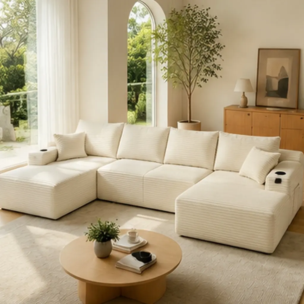 Beige Modern ARCH 5-Seat U-Shape Cloud Modular Corduroy Sofa - Armless Section, Side Pockets, Cup Holder, Storage, Sponge-Foam+Spring, 66.00" W x 133.50" D x 26.00" H, Deep Seating, No Assembly, Living Room Indoor Furniture, Bedroom