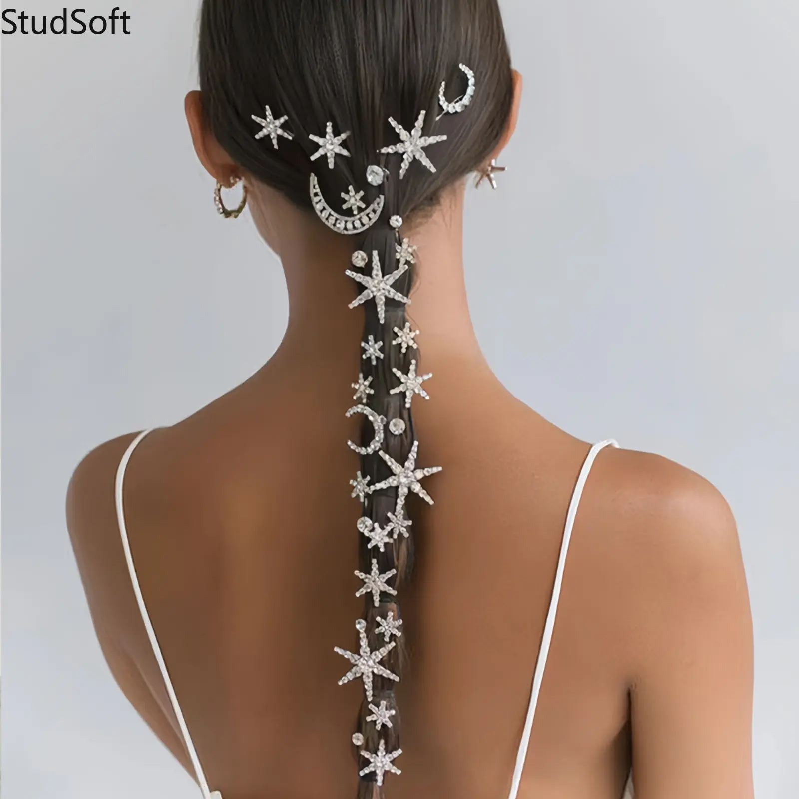 Rhinestone Star Hair Chain Celestial Moon Braid Extension Long Bling Starfish Headpiece Wedding Bridal Hair Accessories for Women Party Festival
