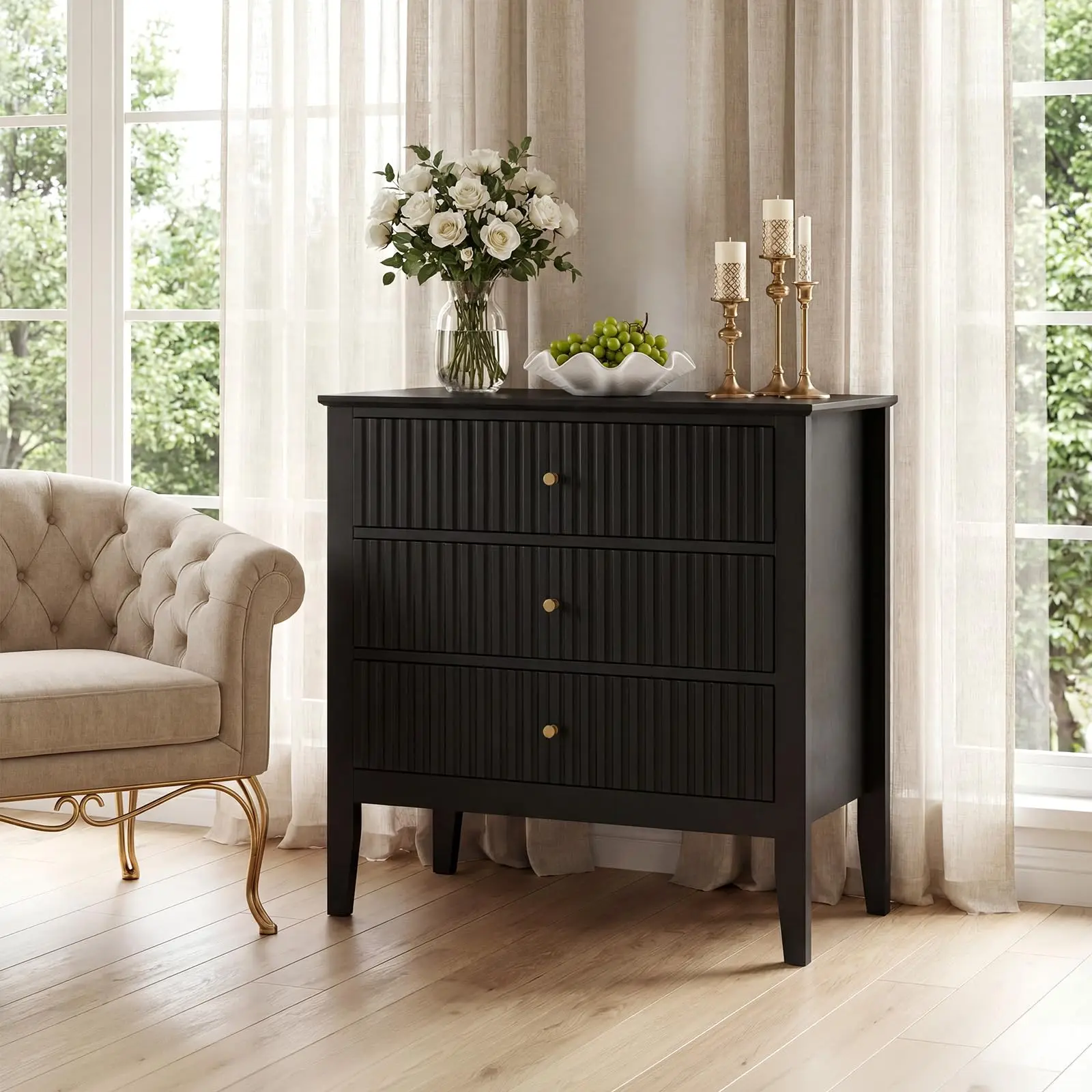 32" Fluted Nightstand with Charging Station, 3 Drawer, raised legs and multiple colors for modern rooms.