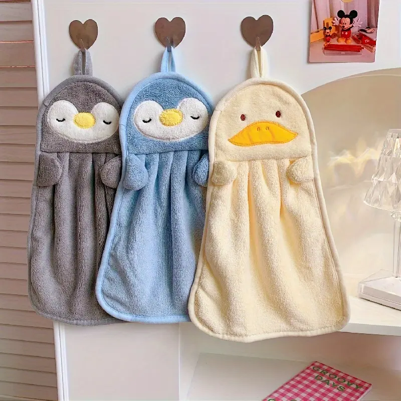 3-Pack Animal-Themed Fingertip Towels - Soft Coral Fleece, Absorbent & Anti-Fade Hand Towels with Cute Penguin, Duck & Chick Designs, Light Beige-Friendly Colors for Bathroom, Kitchen, Travel (Grey/Blue/Yellow), Hand Towels for Bathroom, Playful Animal De