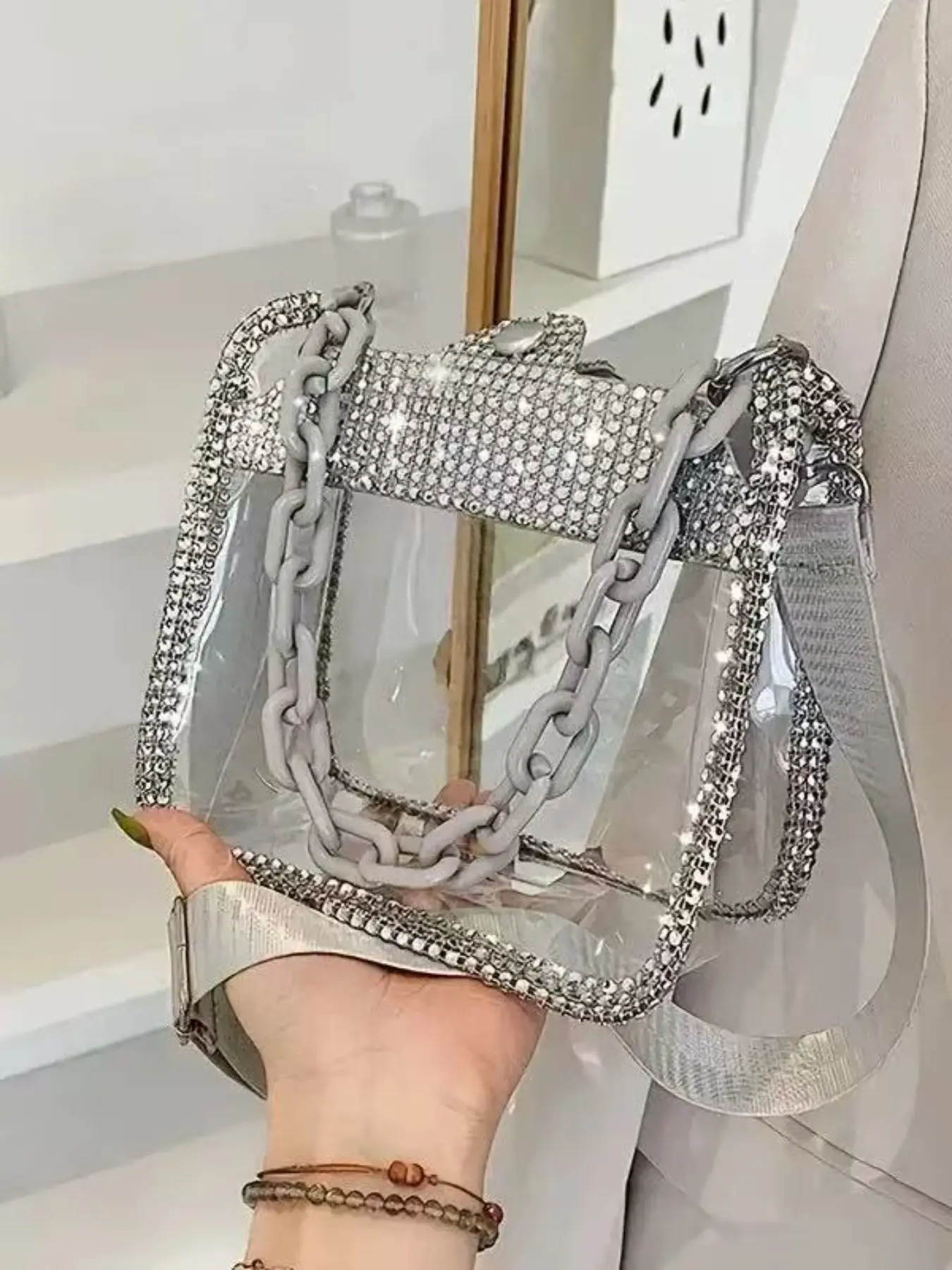 Women's Transparent PVC Crossbody Bag, Vintage Saddle Wallet with Rhinestone Chain, Bling Crossbody Bag, Casual Small Bag for Concerts and Stadiums, Clear Shoulder Bag